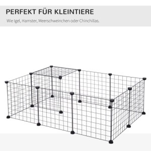 PawHut Gittergehege aus schwarzem Metall für Kleintiere, flexibel umformbar, mit erhöhtem Bereich. Ideal als Freilaufgehege.