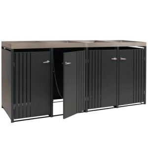 Anthrazitfarbene Mülltonnenbox MCW O67 für 4 Tonnen, mit Pflanzkasten und Kippvorrichtung.