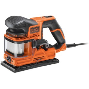 Black+Decker Schwingschleifer KA330E: 270W Schleifmaschine mit Staubfangbehälter in Orange und Schwarz.