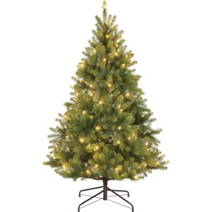 Grüne Kunsttanne Nagano, 150 cm hoch, mit LED-Beleuchtung und braunem Ständer für den Innenbereich.