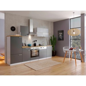 Respekta Economy Küchenzeile KB280WGC in Grau-Weiß mit Elektrogeräten und Nussbaum Arbeitsplatte.