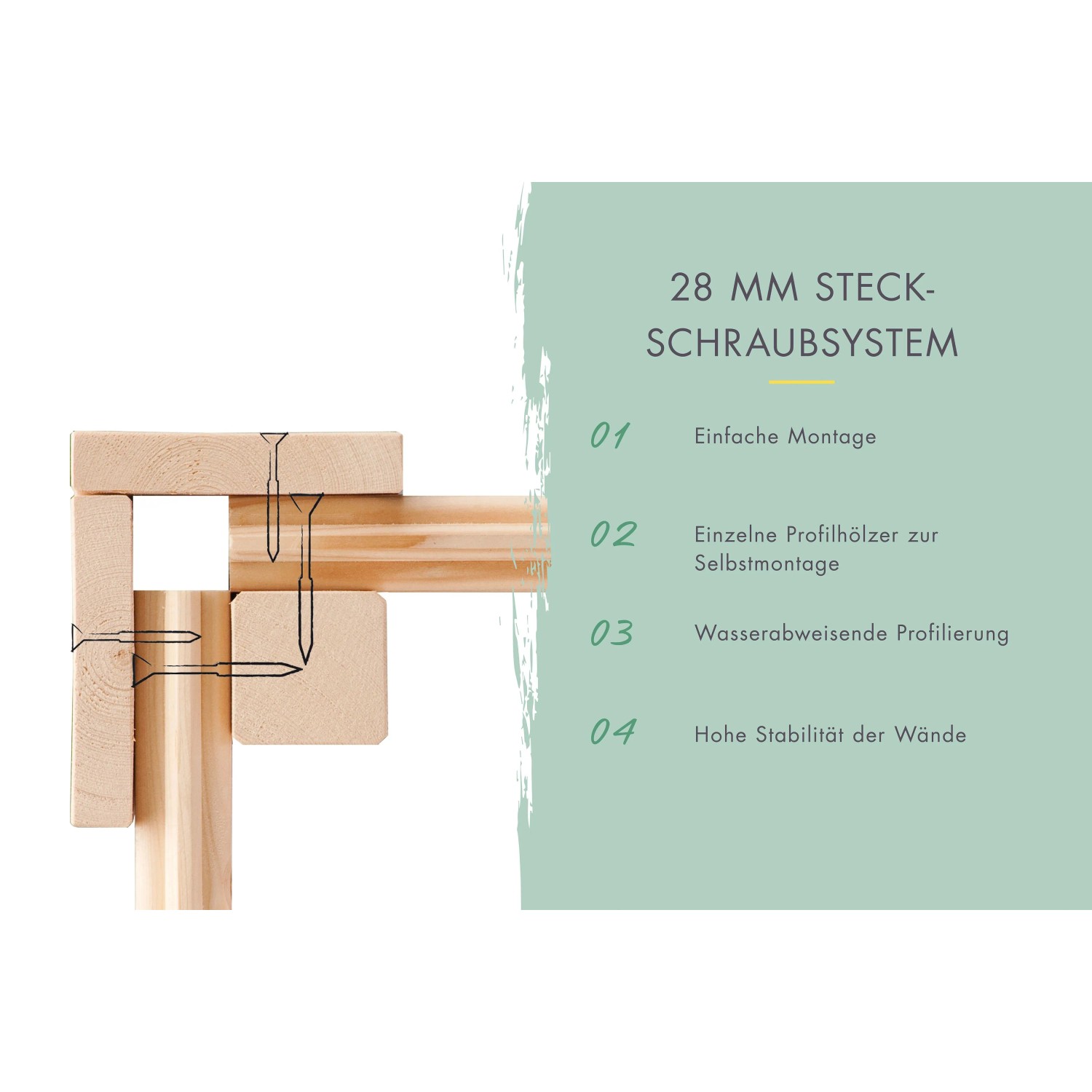 Detailansicht Steck-Schraubsystem (28 mm) für Karibu Holz-Gartenhaus Glostrup, einfache Montage.