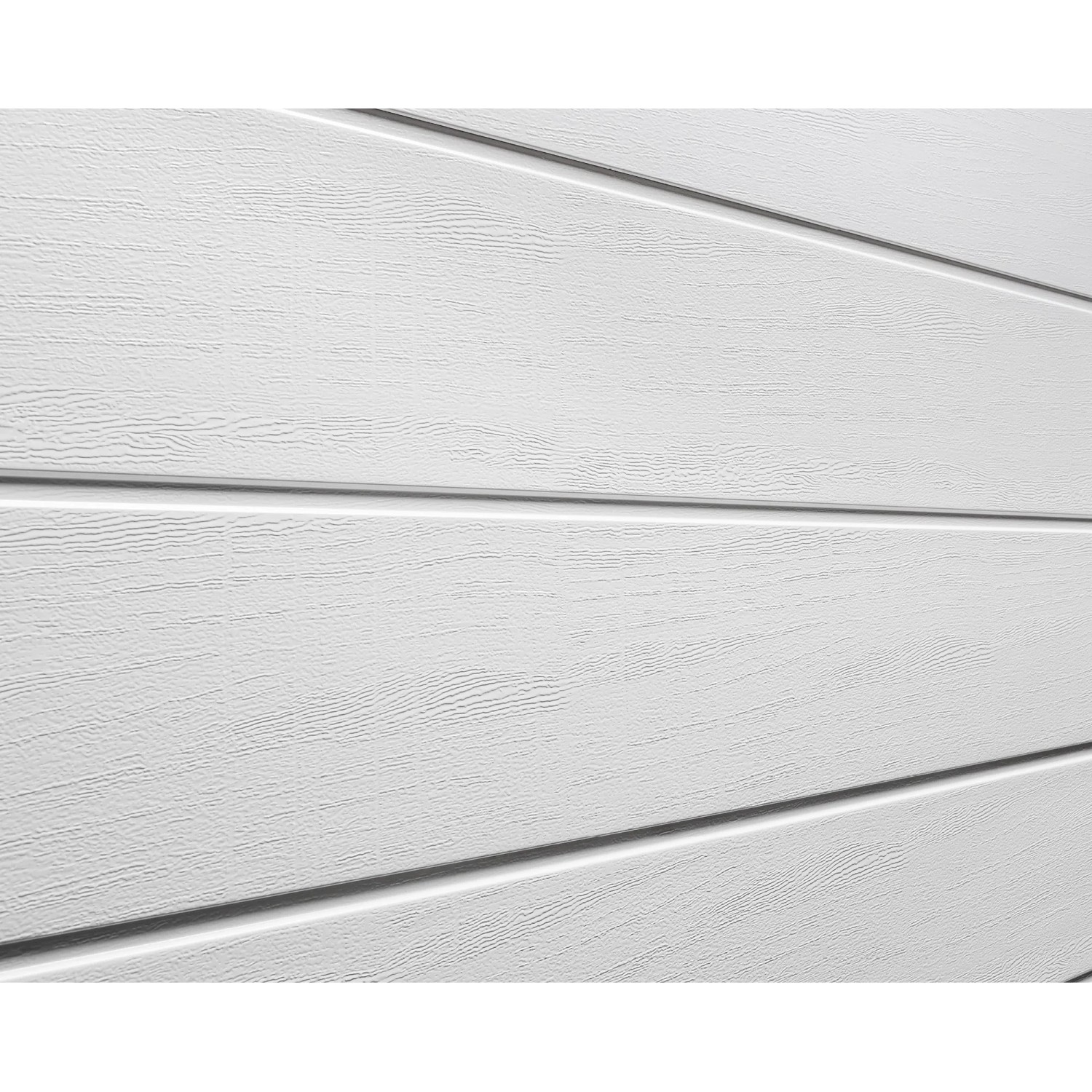 Detailansicht: EcoStar Garagen-Sektionaltor in Verkehrsweiß mit Woodgrain-Oberfläche und M-Sicke.