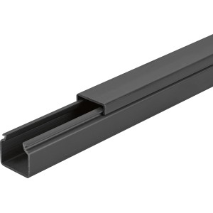 Anthrazitfarbener Kabelkanal, 15x15 mm, 2 m Länge, zur Kabelverlegung.