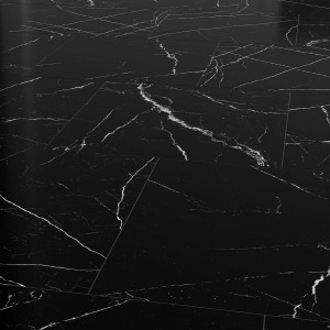 Schwarze, polierte Feinsteinzeug Bodenfliese (60x60 cm) mit Marmor Optik und Glasur.