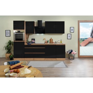 Respekta Küchenzeile, 280 cm, Schwarz Hochglanz/Eiche Sägerau, ohne E-Geräte. Moderne Optik, viel Stauraum.