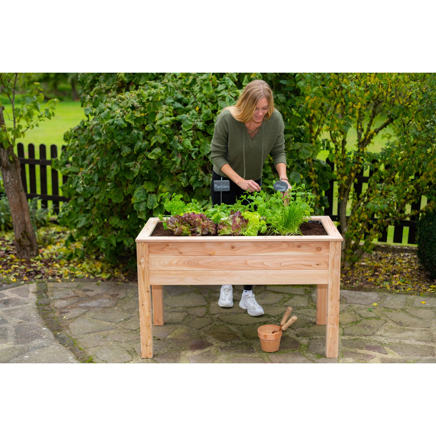 Westmann Hochbeet aus Lärchenholz (120x65x75cm) mit Bepflanzung im Garten.