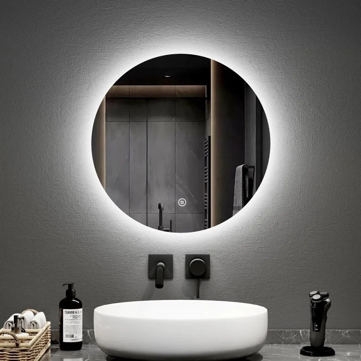 Emke Rund Spiegel 50cm Rahmenloser LED Badezimmerspiegel mit Touchschalter Kaltweiß Licht_5