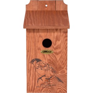 Dobar Nistkasten aus Kiefernholz mit Siebdruckmotiv Haussperling, Einflugloch Ø35mm.