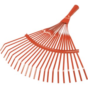 Roter Fächerbesen, 39 cm breit, aus pulverbeschichtetem Metall für Laub und Gartenabfälle.