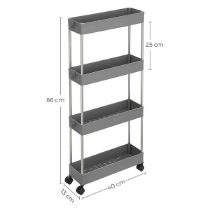 Grauer Songmics Rollwagen mit 4 Ebenen, ideal für Küche und Bad. Schmal und platzsparend.
