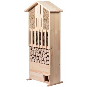 Großes Insektenhotel aus Kiefernholz mit Igelhaus und Schmetterlingskasten. Nützlingshotel für Garten.