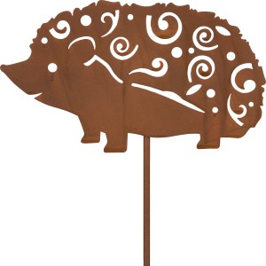 Gartenstecker Igel aus Metall in Rostoptik, 85cm hoch, dekorative Gartendekoration.