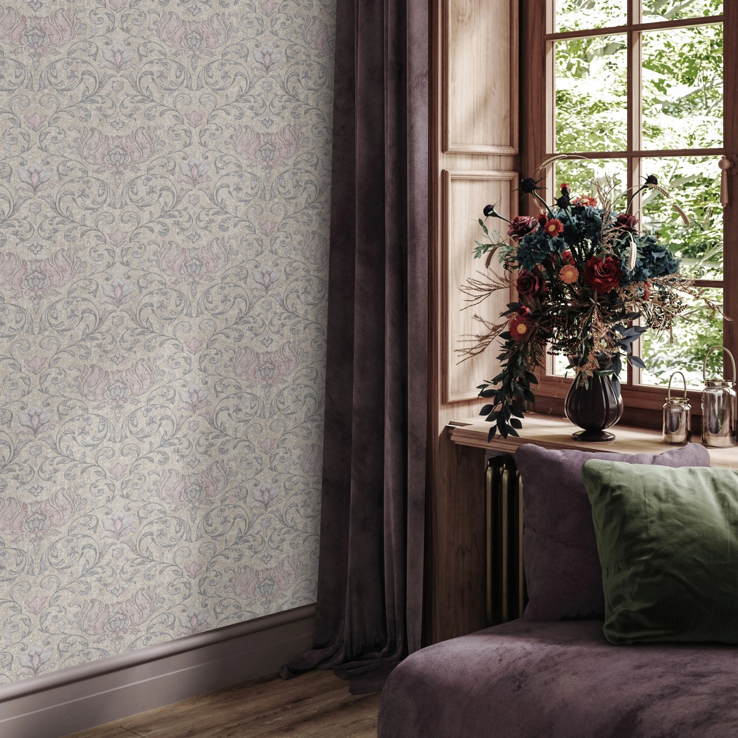 Beige Marburg Vliestapete mit floralem Landhausstil-Muster für Wohnräume.