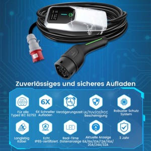 Junsun mobiles EV Ladegerät 22kW, 3-phasig, mit CEE 32A und Typ 2 Stecker, 5m Kabel. Schnelles Laden.