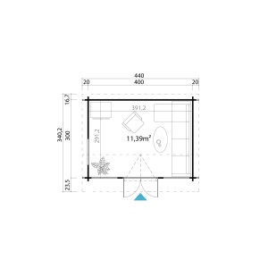 Grundriss Gartenhaus Lasita Maja Windsor 44, 400x300 cm, Gletschergrün, 11,39 m² Fläche.