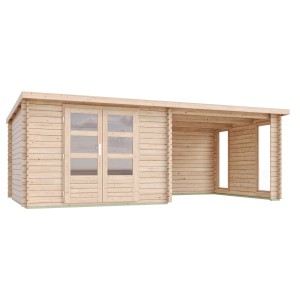 Karibu Gartenhaus Dortmund Set mit Anbaudach und Terrasse aus naturbelassenem Holz.
