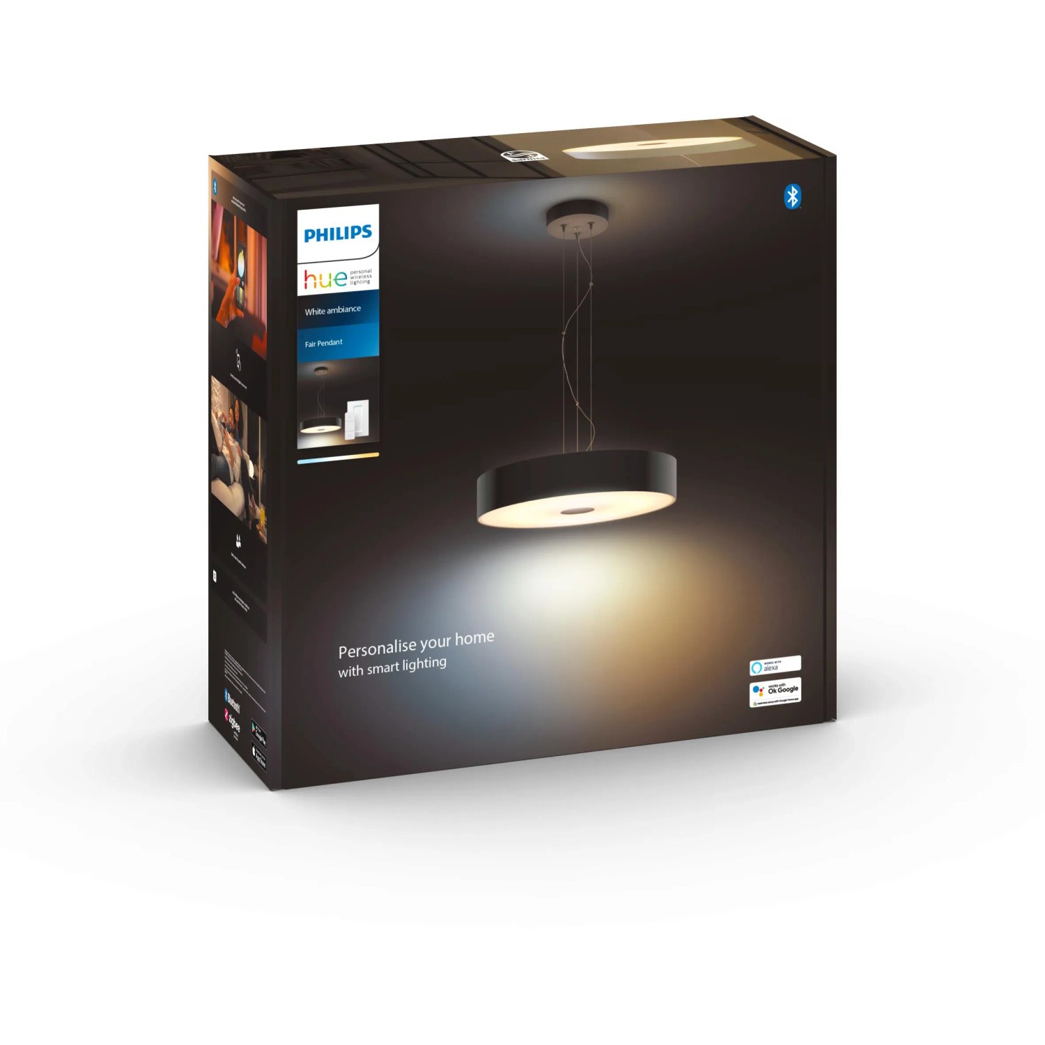 Verpackung der Philips Hue Pendelleuchte White Ambiance Fair in Schwarz. Smarte LED Lampe mit Dimmer.