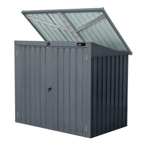 Axi Gartenschrank Oscar, anthrazitfarbene Mülltonnenbox für 2 Tonnen (je 240 l), Deckel geöffnet.