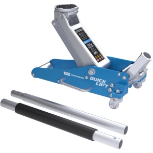 Blauer hydraulischer Rangierwagenheber aus Alu/Stahl mit Gummiauflage, Rollen und separater Hebestange für Werkstatt.