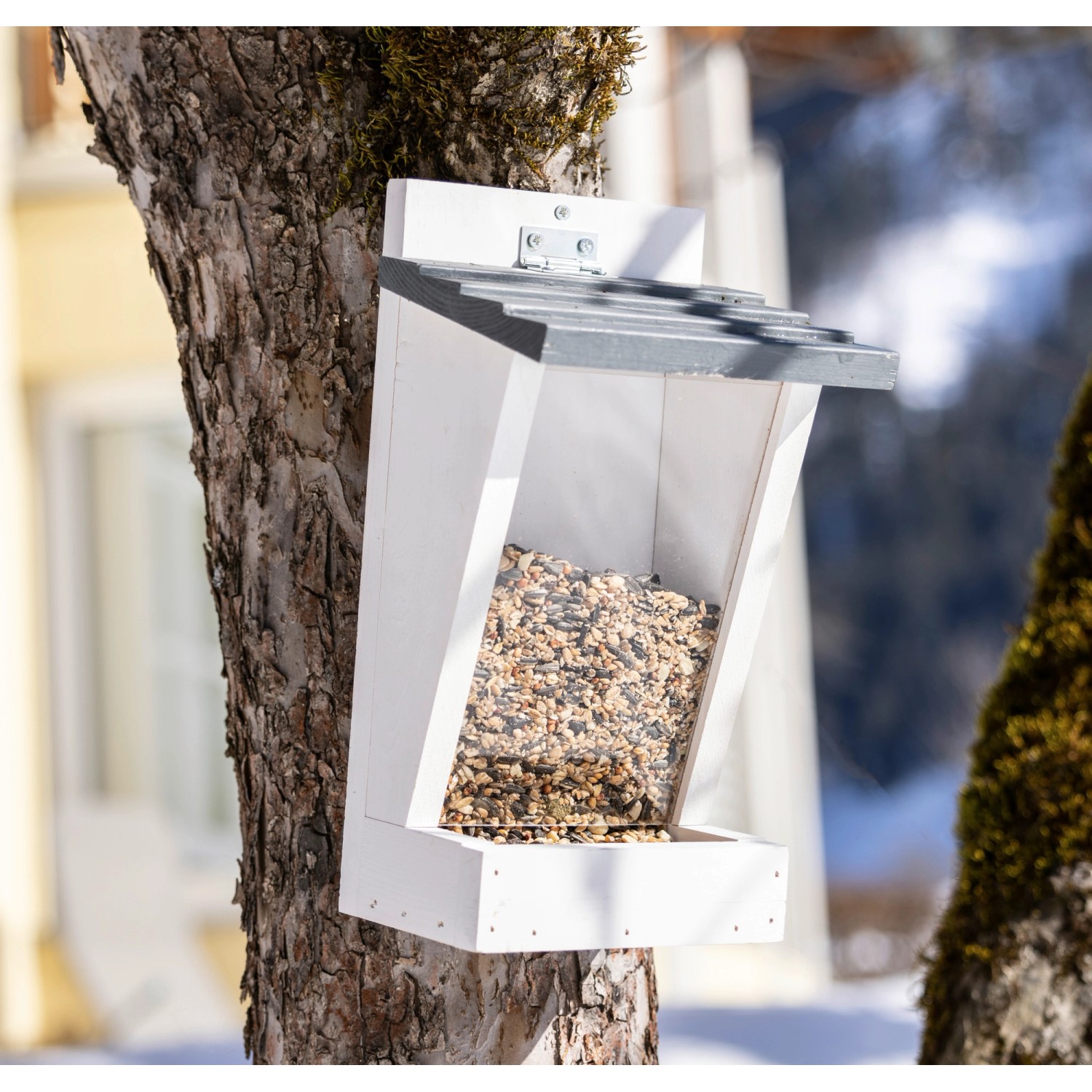 Windhager Vogelfuttersilo Buchberg, weiß-taupe, am Baum befestigt und mit Vogelfutter gefüllt.