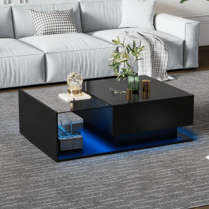 Schwarzer Hochglanz Couchtisch mit blauer LED-Beleuchtung, Glasplatte und Stauraum im modernen Wohnzimmer.