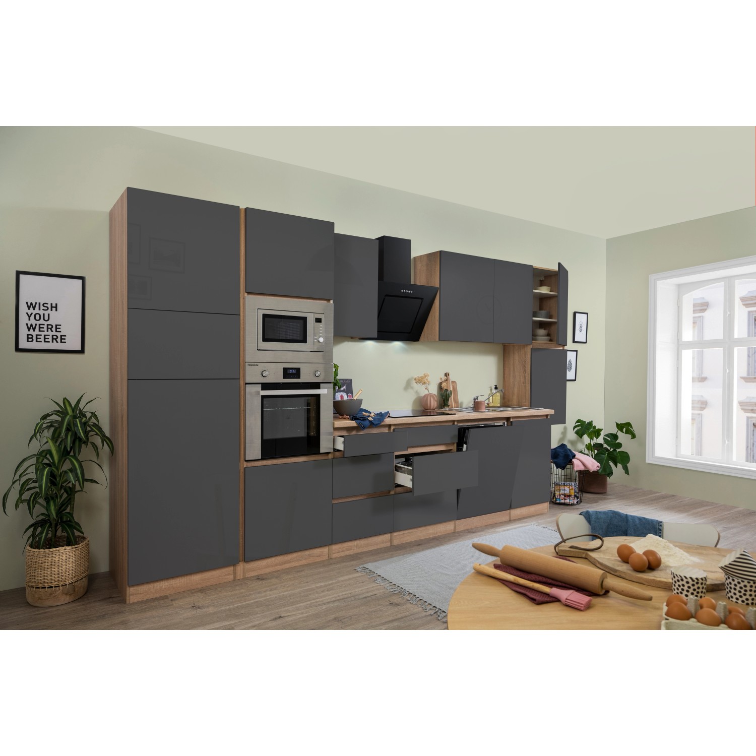 Respekta Premium Küchenzeile Grifflos 395 cm Grau HochglanzEiche Sägerau kaufen bei OBI