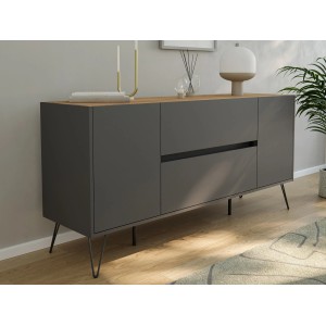 Posseik Sideboard Industrial G, 155 cm, Grafit/Eiche, mit 2 Schubladen und 2 Türen.
