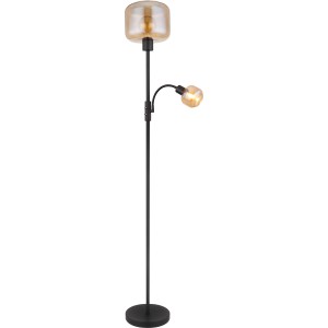 Moderne Globo Design-Stehlampe, 2-flammig, schwarz matt mit bernsteinfarbenen Glasschirmen.