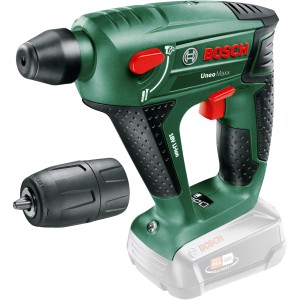 Bosch Uneo Maxx 18V Akku-Bohrhammer mit Bohrfutter-Adapter, Akku angedeutet.