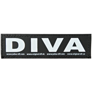 Julius K-9 Klettsticker 'Diva' für Hundegeschirr, schwarzer Aufnäher mit weißer Schrift.