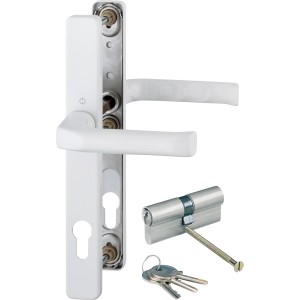 Hoppe Türgriff-Garnitur London, verkehrsweiß, mit Zylinder und Schlüsseln für Profiltüren.