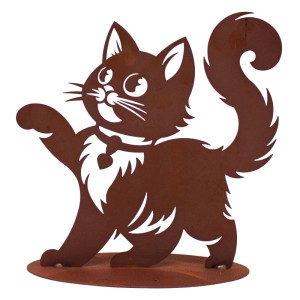 Dekorative Katze Bella aus Metall in Rostoptik, 35x35 cm, für die Gartendekoration.