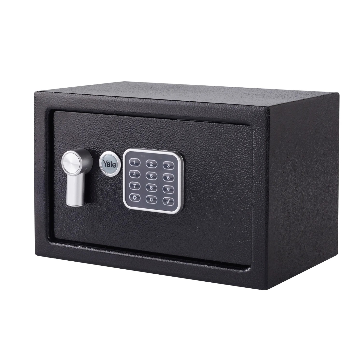 Schwarzer Yale Tresor Value Safe S mit digitalem Zahlenschloss und Schlüssel.