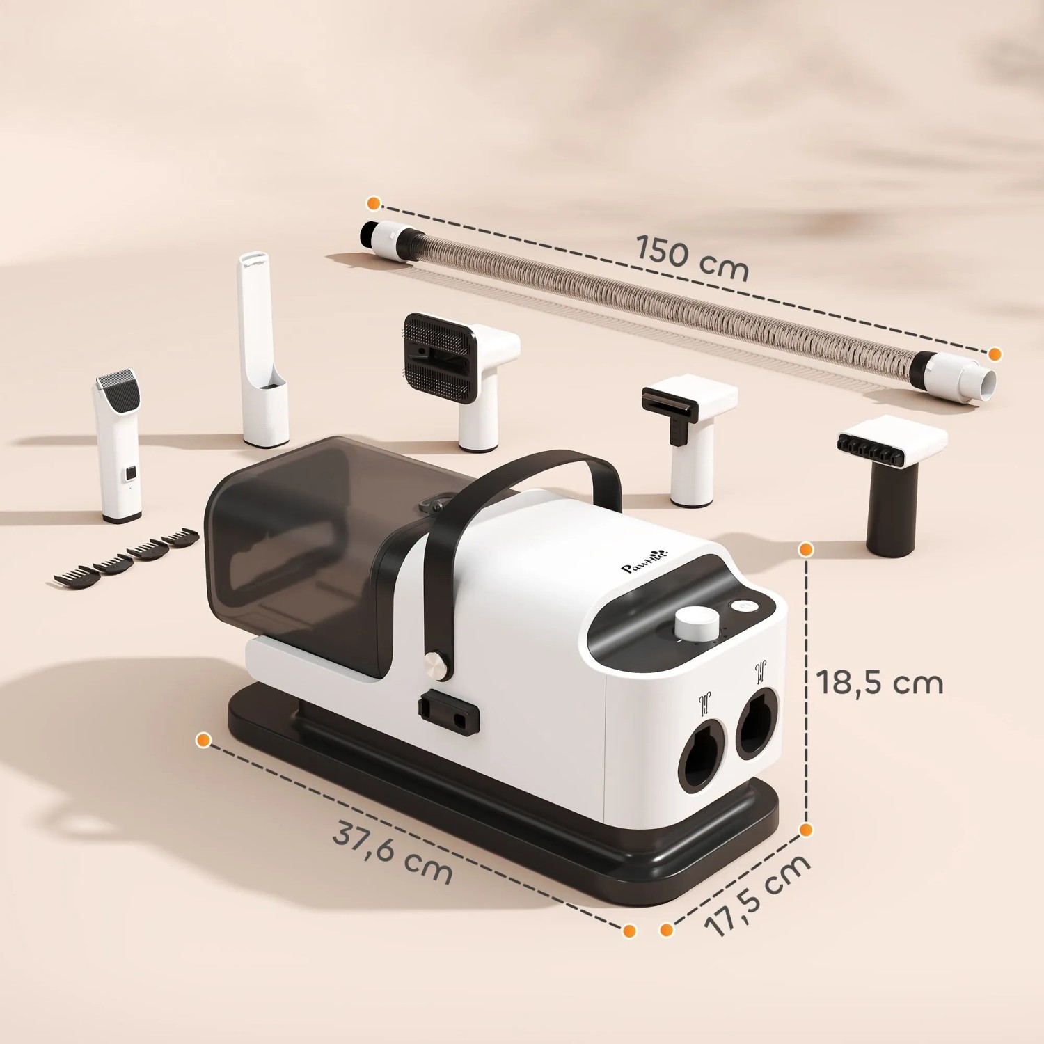 PawHut 5-in-1 Hundepflegegerät in Weiß/Schwarz mit Trimmer, Bürsten und 150 cm Schlauch. Maße: 37,6x17,5x18,5 cm.