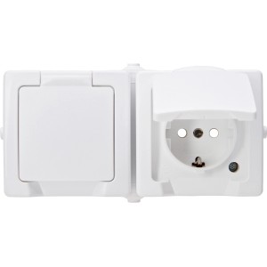 Aufputz Feuchtraum Steckdose 2-fach waagerecht Arktisweiß mit Klappdeckel.