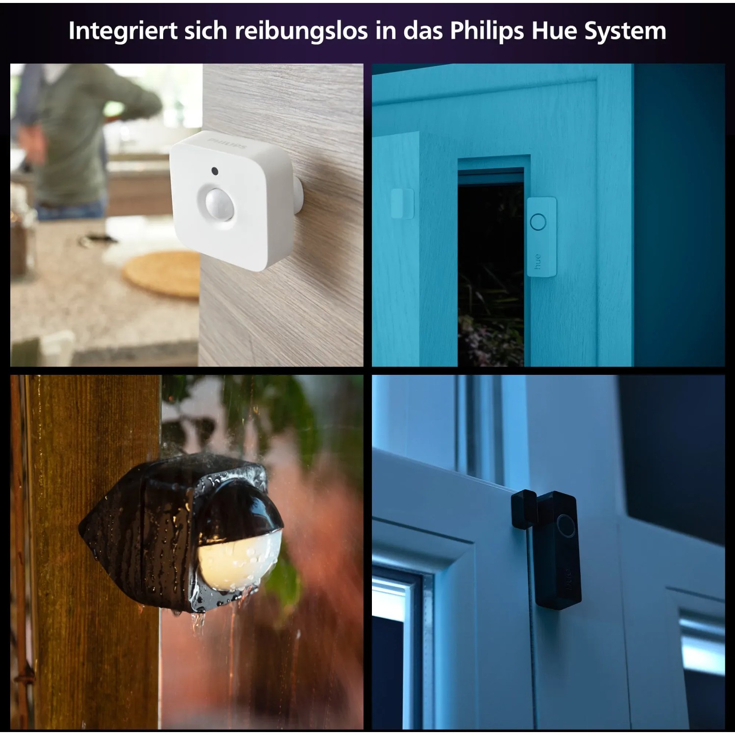 Philips Hue Secure Kontaktsensor 2er-Pack in Weiß, verschiedene Montagesituationen.