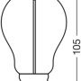 Technische Zeichnung Osram LED-Leuchtmittel E27, Glühlampenform mit Maßen 10,5 x 6 cm.