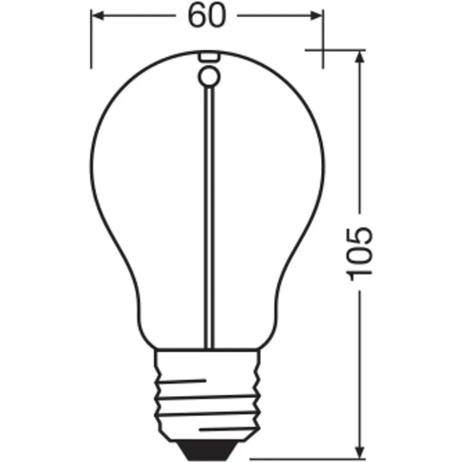 Technische Zeichnung Osram LED-Leuchtmittel E27, Glühlampenform mit Maßen 10,5 x 6 cm.