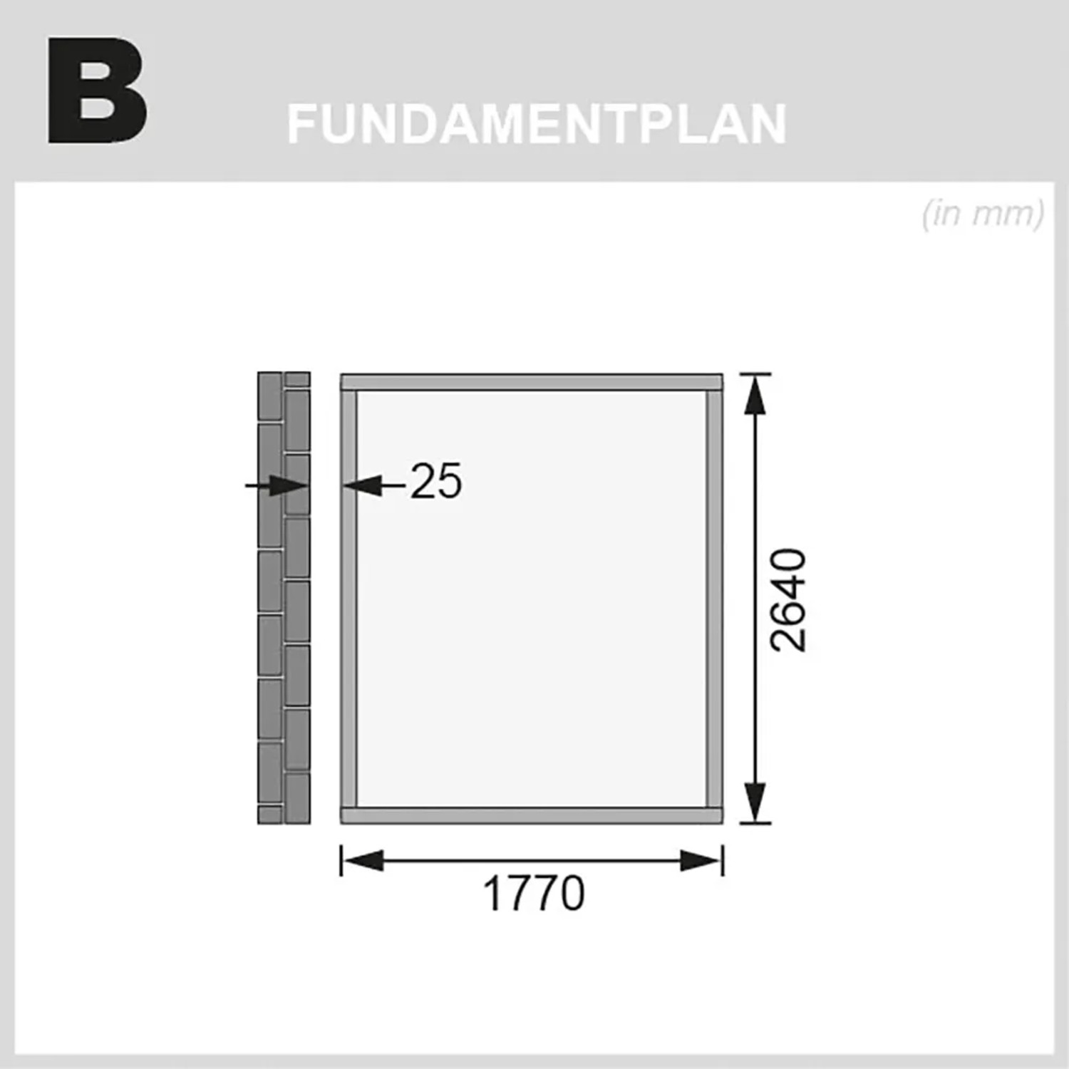Fundamentplan für Karibu Gartenhaus Kristiansund, Maße 1770 x 2640 mm.