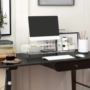 HOMCOM Monitorständer aus klarem Acryl mit Staufächern auf einem Schreibtisch, hebt den Bildschirm für bessere Haltung.