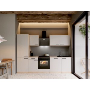 Respekta Merle Küchenblock 280 cm, Kaschmir. Moderne Einbauküche mit Glaskeramikkochfeld, Spüle, Kühl-Gefrierkombination.