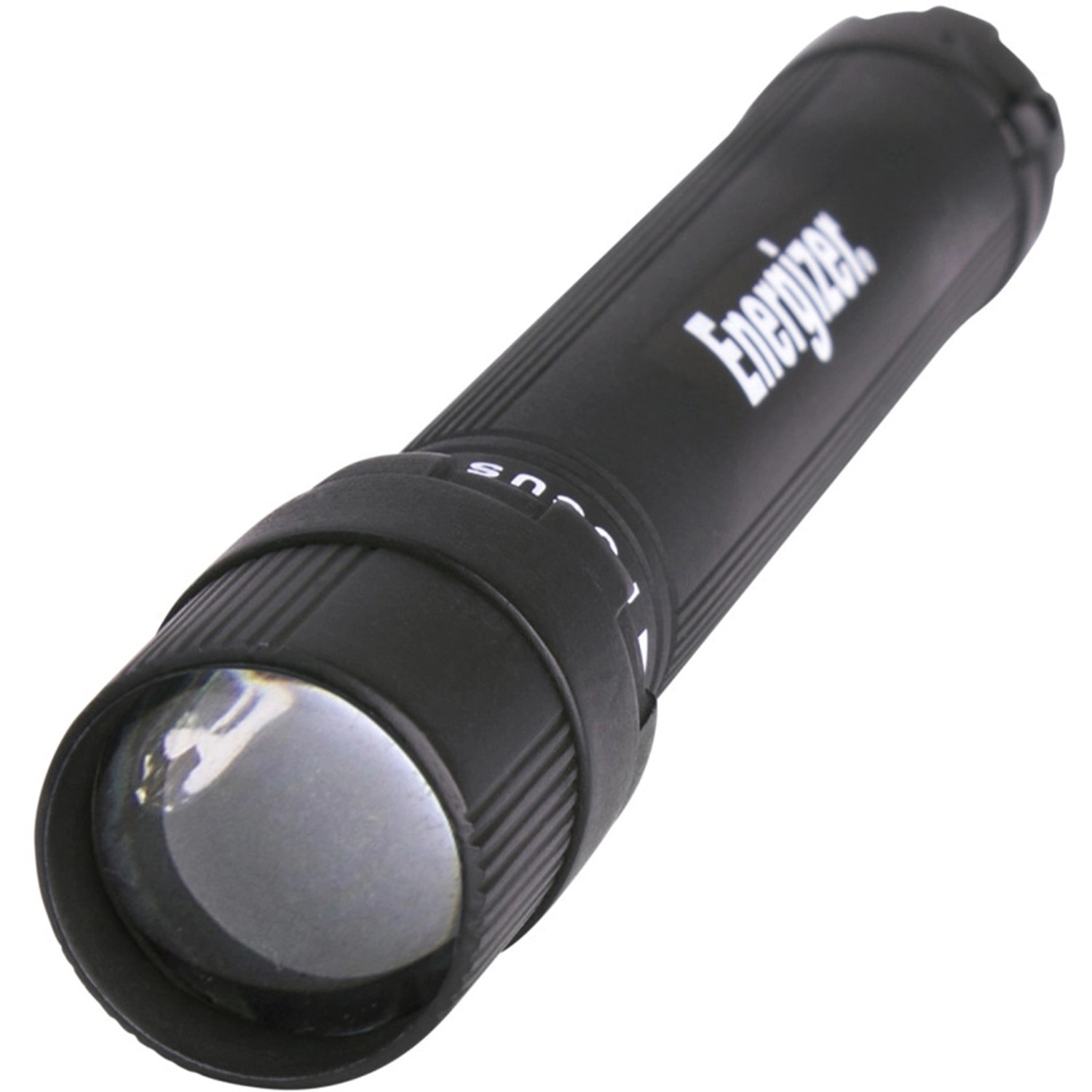 Schwarze Energizer X-Focus Taschenlampe mit Strahlfokussierung und Batterien.