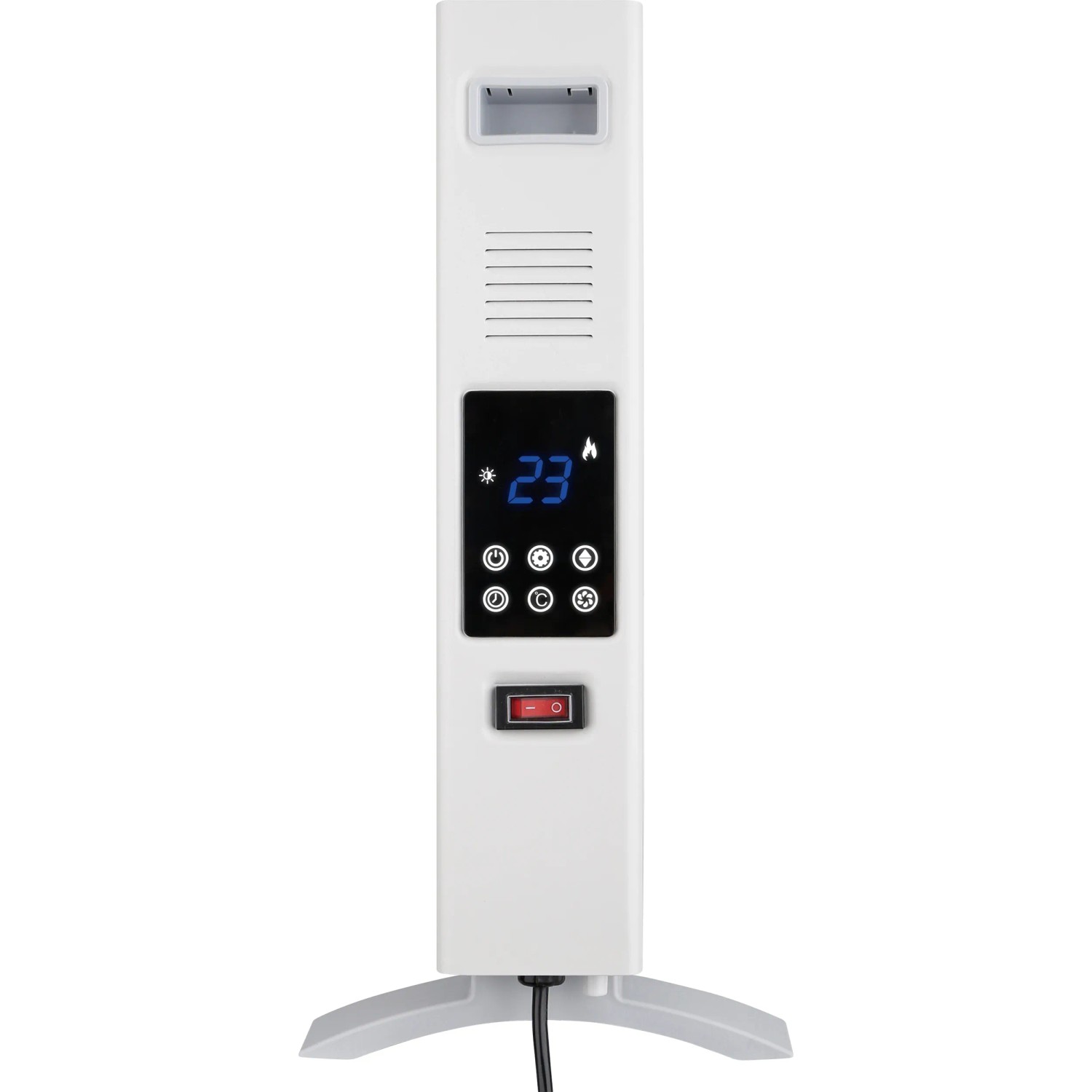 Weißer Digital-Konvektor Hitra Elektroheizung mit LED-Anzeige und Bedienelementen.