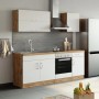 Moderne Küchenzeile Sorrento 210 cm in Weiß-Wotaneiche mit E-Geräten und Spüle.