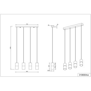 Technische Zeichnung der schwarzen, 4-flammigen Trio Deckenlampe Robin mit E27 Fassung.