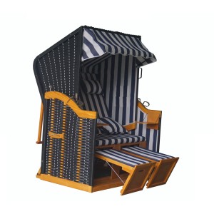 Gestreifter Acamp Strandkorb Sylt aus FSC®-Holz mit ausziehbaren Fußstützen.