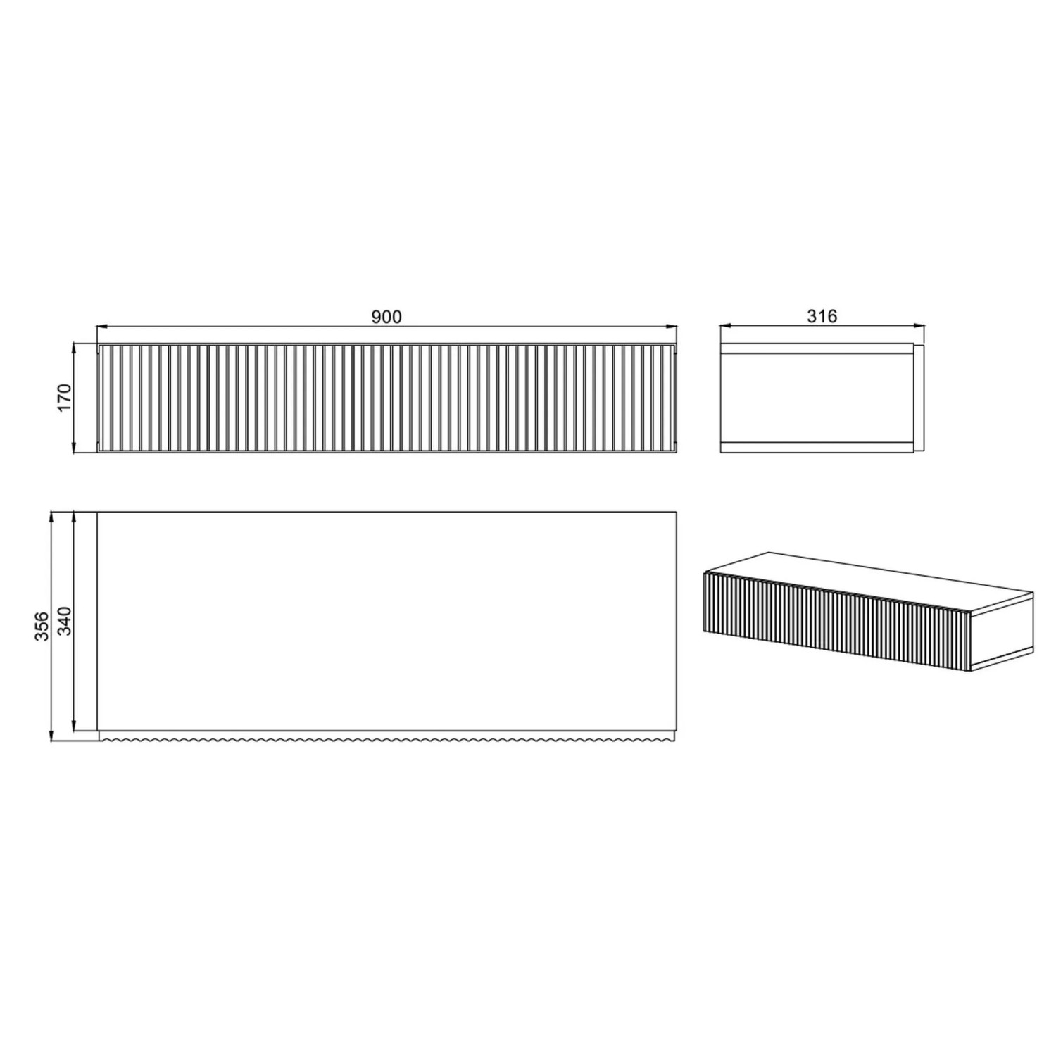Technische Zeichnung der Selsey Veldio Wand-Konsole 90 cm mit Lamellenfront und Schublade. Ansichten mit Maßen.