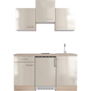 Flex-Well Singleküche Orlando, 150 cm, Kaschmir Glanz/Sonoma Eiche: Kompakte Küchenzeile mit Kühlgerät und Kochfeld.