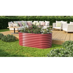 Rotes Vitavia Hochbeet 630 Vita Basic Rubin im Garten mit Bepflanzung.